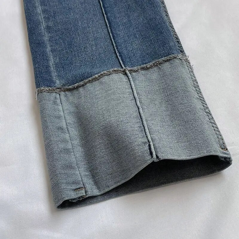 Mood Patchwork Naiste teksad Kõrge vöökohaga sirge pahkluuni ulatuvad püksid vabaaja kõiksobivad elastsed puuvillased teksapüksid