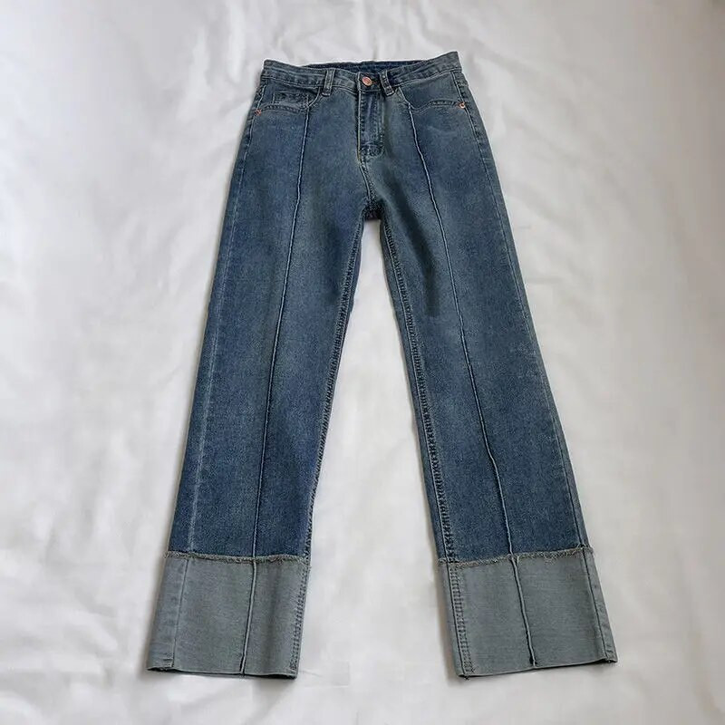 Mood Patchwork Naiste teksad Kõrge vöökohaga sirge pahkluuni ulatuvad püksid vabaaja kõiksobivad elastsed puuvillased teksapüksid