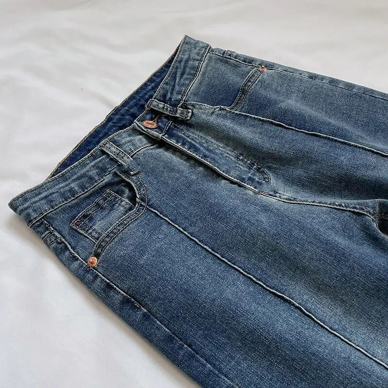 Mood Patchwork Naiste teksad Kõrge vöökohaga sirge pahkluuni ulatuvad püksid vabaaja kõiksobivad elastsed puuvillased teksapüksid