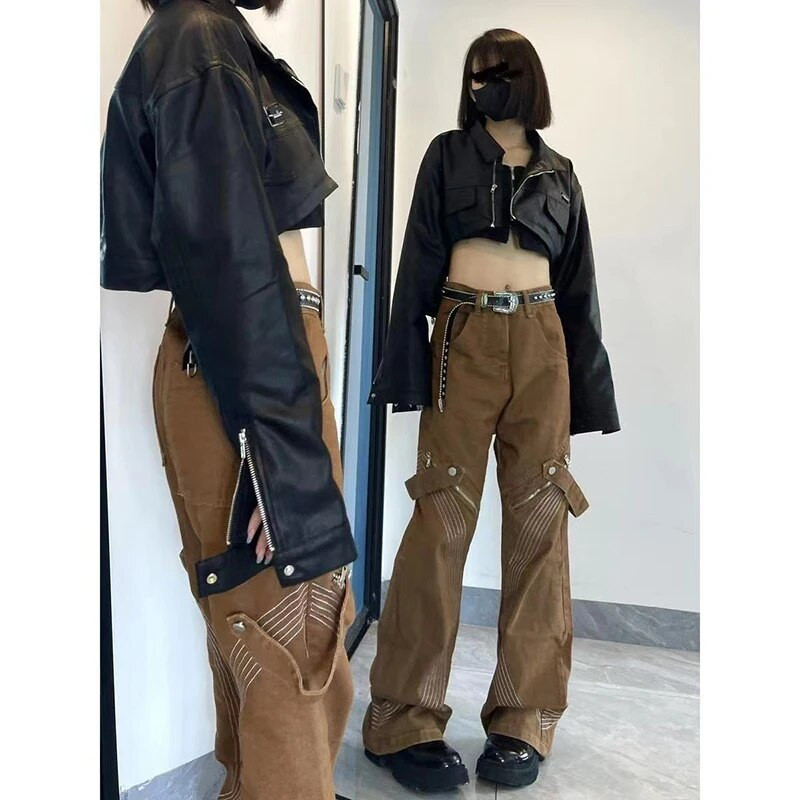 Y2k Brown Vintage Bandage Grunge džinsai Hip Hop Fairycore Mom Džinsinės kelnės Moteriškos 90-ųjų Gatvės stiliaus plačios kelnės moterims