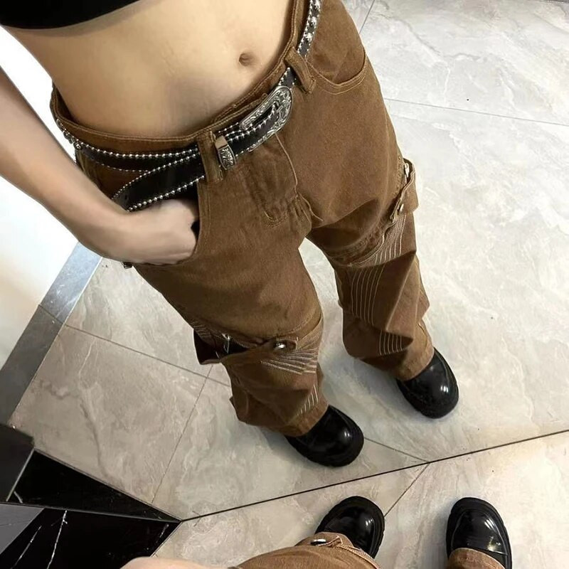 Y2k Brown Vintage Bandage Grunge džinsai Hip Hop Fairycore Mom Džinsinės kelnės Moteriškos 90-ųjų Gatvės stiliaus plačios kelnės moterims