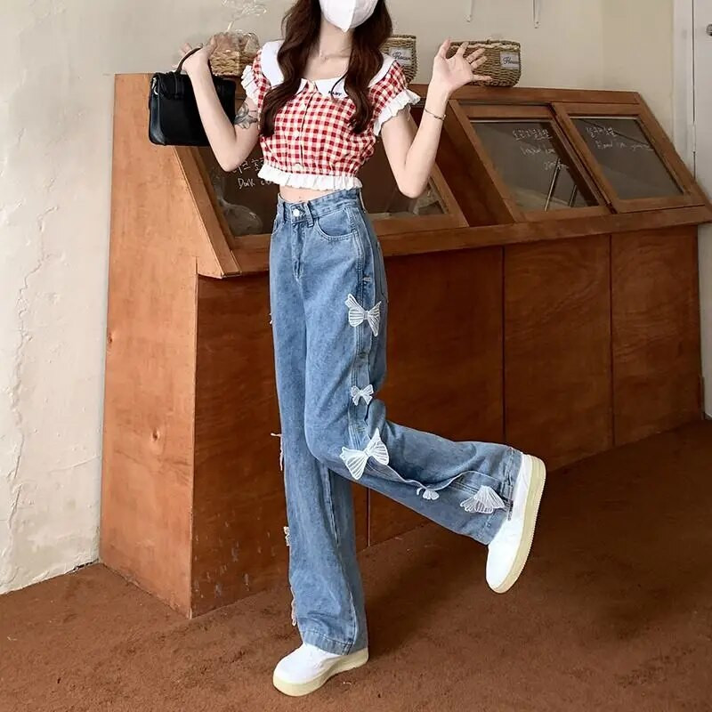 Naised kottis teksased, laia säärega püksid teismeliste kõrge vöökohaga Korea mood vabaaja püksid Tänavarõivad Magusad teksad Drop Shipping