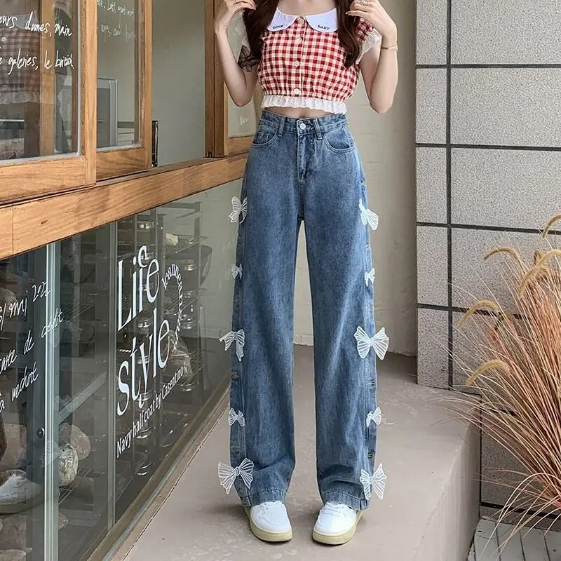 Naised kottis teksased, laia säärega püksid teismeliste kõrge vöökohaga Korea mood vabaaja püksid Tänavarõivad Magusad teksad Drop Shipping