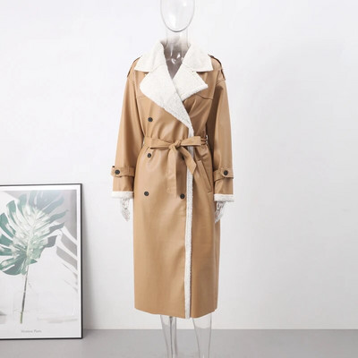 Kahepoolne karusnahast nahast pikk jakk naiste vöö lambavillane pikkade varrukatega revtasku naiste mantel Sügistalvine soe naiste mantel