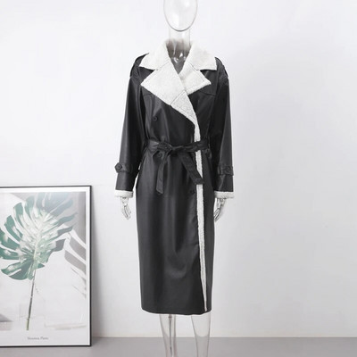 Kahepoolne karusnahast nahast pikk jakk naiste vöö lambavillane pikkade varrukatega revtasku naiste mantel Sügistalvine soe naiste mantel