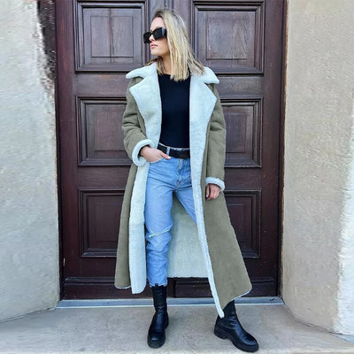 Kahepoolne karusnahast nahast pikk jakk naiste vöö lambavillane pikkade varrukatega revtasku naiste mantel Sügistalvine soe naiste mantel