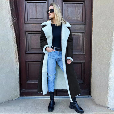 Kahepoolne karusnahast nahast pikk jakk naiste vöö lambavillane pikkade varrukatega revtasku naiste mantel Sügistalvine soe naiste mantel