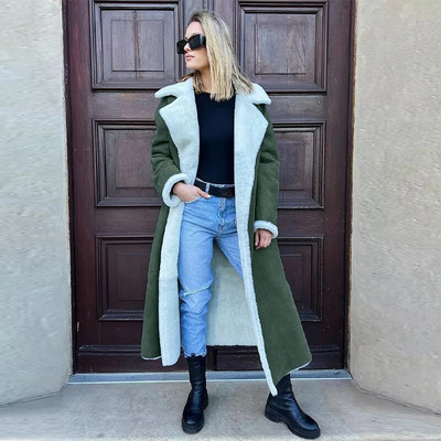 Kahepoolne karusnahast nahast pikk jakk naiste vöö lambavillane pikkade varrukatega revtasku naiste mantel Sügistalvine soe naiste mantel