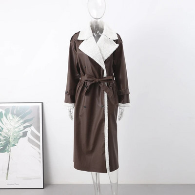 Kahepoolne karusnahast nahast pikk jakk naiste vöö lambavillane pikkade varrukatega revtasku naiste mantel Sügistalvine soe naiste mantel