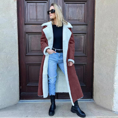 Kahepoolne karusnahast nahast pikk jakk naiste vöö lambavillane pikkade varrukatega revtasku naiste mantel Sügistalvine soe naiste mantel