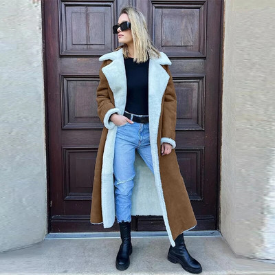 Kahepoolne karusnahast nahast pikk jakk naiste vöö lambavillane pikkade varrukatega revtasku naiste mantel Sügistalvine soe naiste mantel