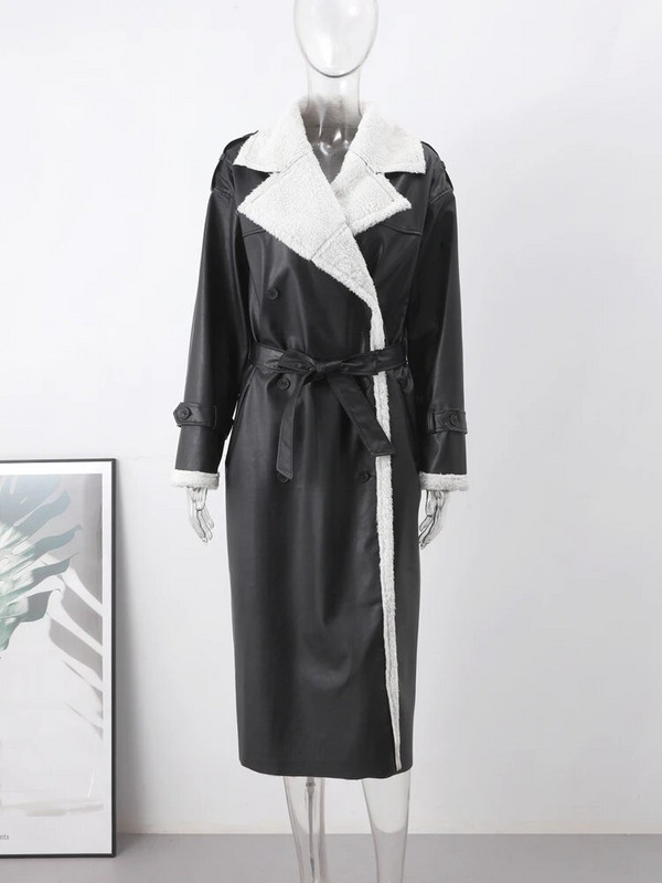 Kahepoolne karusnahast nahast pikk jakk naiste vöö lambavillane pikkade varrukatega revtasku naiste mantel Sügistalvine soe naiste mantel