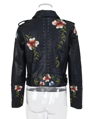 2023 Άνοιξη φθινόπωρο με λουλουδάτα στάμπα κεντήματα από ψεύτικο δέρμα Γυναικεία μπουφάν High Street Moto Rivet Μαύρα πανκ πανωφόρια Biker Coats