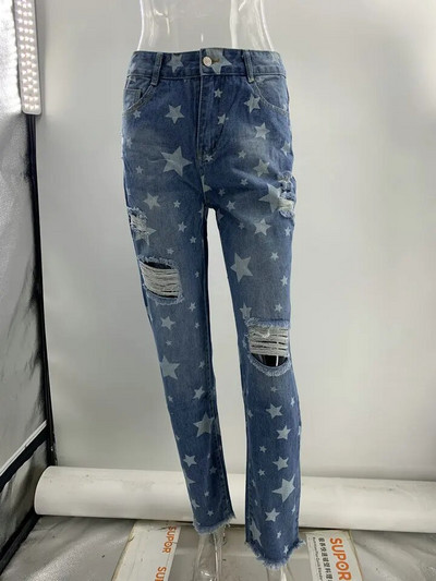 Wepbel Jeans Suvised pestud teksapüksid teksapüksid naistele kõrge vöökohaga sirge tähemustriga rebitud tänavarõivad teksad