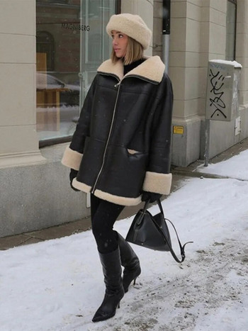 2023 Зима Есен Дамско кожено палто от изкуствена кожа с дълъг ръкав и ревери с цип Топло дебело палто Дамска мода High Street Outwear