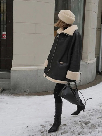 2023 Зима Есен Дамско кожено палто от изкуствена кожа с дълъг ръкав и ревери с цип Топло дебело палто Дамска мода High Street Outwear