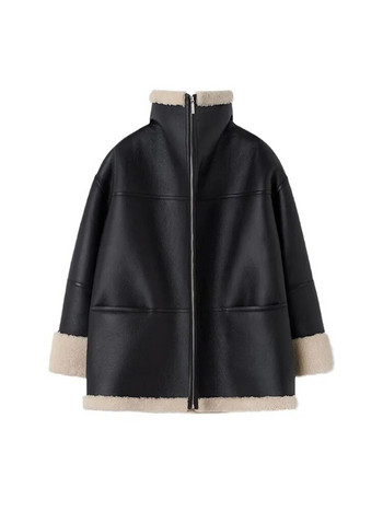 Γυναικείο χειμερινό φθινόπωρο 2023 Pu Δερμάτινο γούνινο παλτό μακρυμάνικο ρεβέρ Φερμουάρ Ζεστό παχύ πανωφόρι Γυναικεία μόδα High Street Outwear