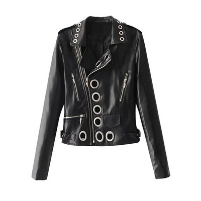 Moteriška odinė striukė, 2023 m. pavasaris, nauji moteriški drabužiai, madingi metaliniai apskritimai, plonesni PU odinė striukė, trumpa tendencija