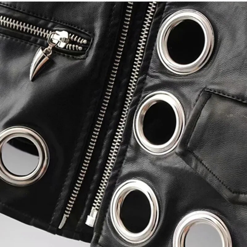 Moteriška odinė striukė, 2023 m. pavasaris, nauji moteriški drabužiai, madingi metaliniai apskritimai, plonesni PU odinė striukė, trumpa tendencija