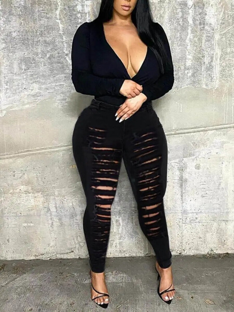 LW Vidurio juosmens aukštai, tampriai, plėšyti, tvirti siauri džinsai vasarinės elastinės kelnės Seksualios siauros džinsinės pieštuko kelnės