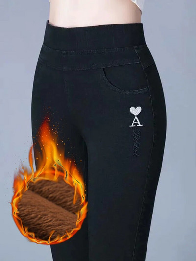 Talvised pliiats voodriga pliiatsiga teksad paksud suured 80kg teksapüksid kõrge vöökohaga soojad Vaqueros korea kitsad sinised pantalonid Uus