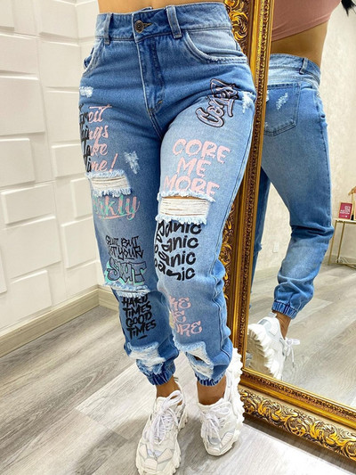 Γυναικείο καθημερινό τζιν παντελόνι Letter Print Slant Pocket Ripped Jeans