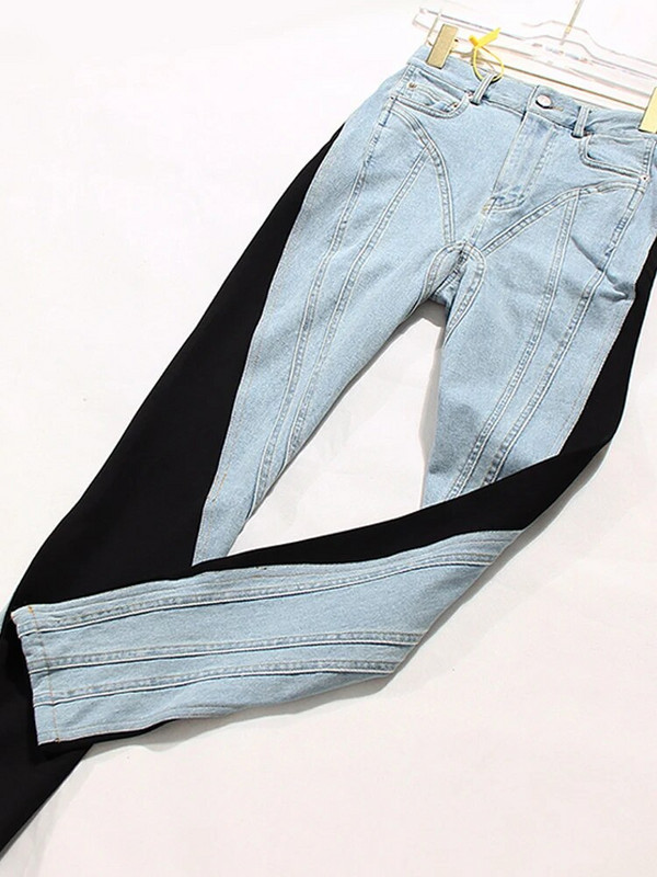 Mood Patchwork Teksad Naiste vabaaja sinine, must paneelidega kõrge vöökoht, õhukesed sirged teksapüksid, naiste pliiatsipüksid 2023. aasta šikk tänavarõivas