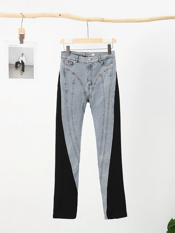 Mood Patchwork Teksad Naiste vabaaja sinine, must paneelidega kõrge vöökoht, õhukesed sirged teksapüksid, naiste pliiatsipüksid 2023. aasta šikk tänavarõivas