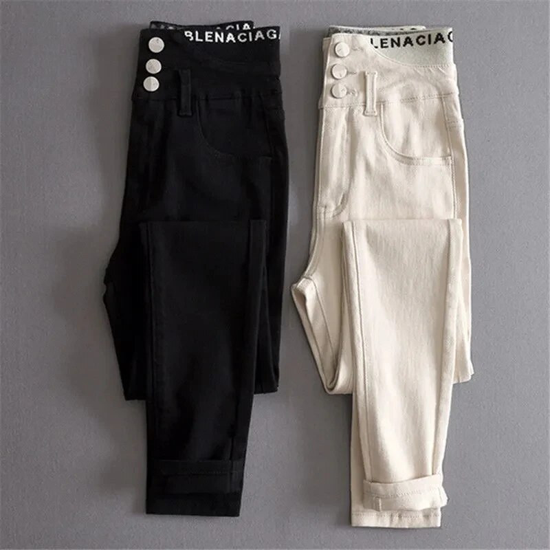 Moodsad kirjadisain kitsad teksad Naiste kõrge vöökohaga lapitööd Vaqueros vabaaja veniv pliiatspüksid kevadsuvi teksariidest säärised