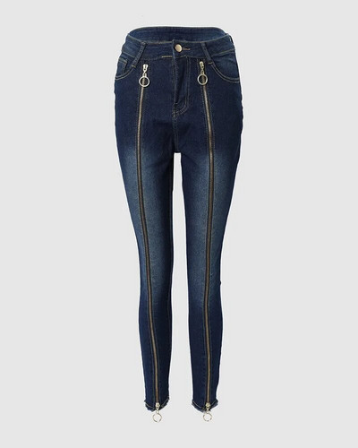 Moteriškos kelnės Seksualūs užtrauktuko sujungimas O formos žiedas Užtrauktuko dekoras Skinny Jeans Moteriški aukštu juosmeniu ploni madingi pieštukai džinsai džinsiniai antblauzdžiai