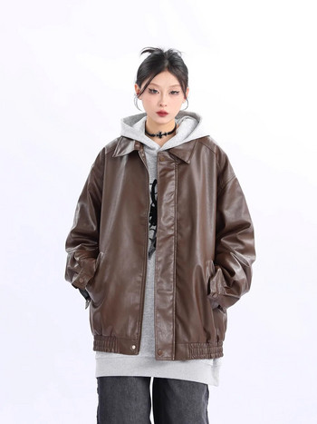 Ново есенно траф американско дамско палто Дамско ретро кафяво кожено яке 2023 Trf якета Облекло Зима