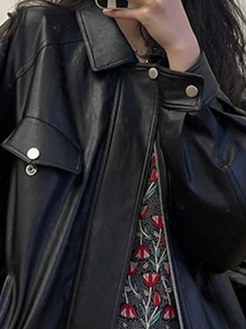 Lautaro Ανοιξιάτικα Γυναικεία Ρούχα Φθινοπωρινά Υπερμεγέθη Μαύρα Μαλακά Αδιάβροχα Ζακέτα από Συνθετικό Δέρμα Φερμουάρ Vintage Casual Loose Μόδα