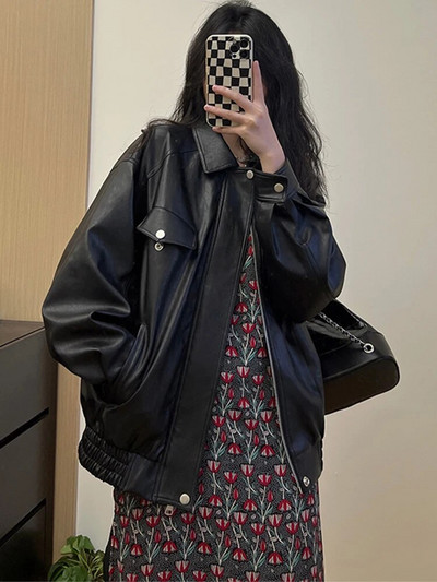 Lautaro vasariniai rūbai moterims rudens negabaritinė juoda minkšta vandeniui atspari dirbtinės odos striukė Užtrauktukas Vintažinė laisvalaikio laisva mada