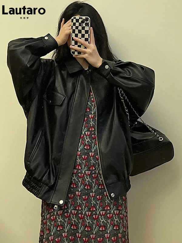 Lautaro vasariniai rūbai moterims rudens negabaritinė juoda minkšta vandeniui atspari dirbtinės odos striukė Užtrauktukas Vintažinė laisvalaikio laisva mada