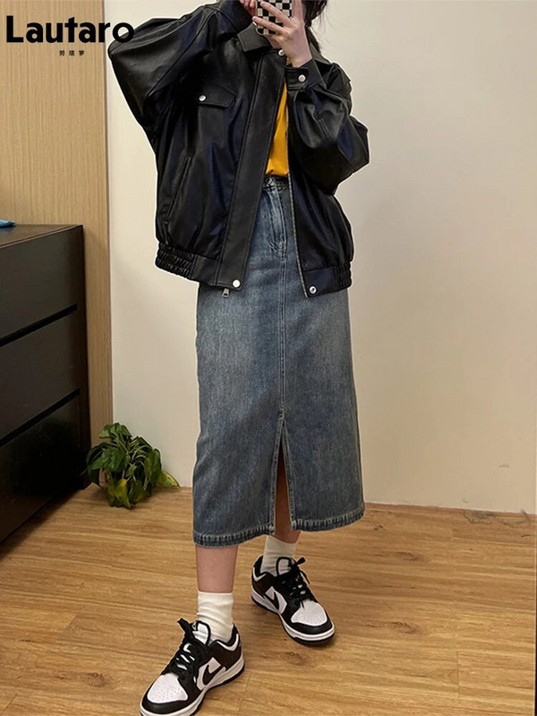 Lautaro vasariniai rūbai moterims rudens negabaritinė juoda minkšta vandeniui atspari dirbtinės odos striukė Užtrauktukas Vintažinė laisvalaikio laisva mada