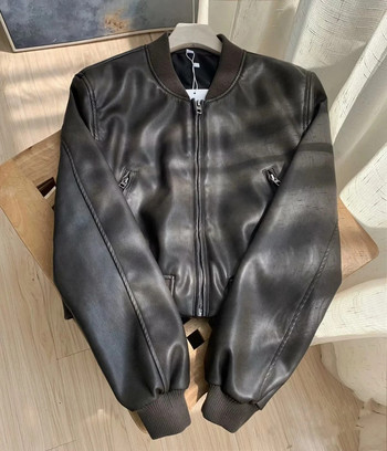 TRAF ZR Дамско палто от изкуствена кожа Кожени якета с цип Perfecto Leather Ново във връхните облекла Дамско авиаторско Y2K High Street с дълъг ръкав