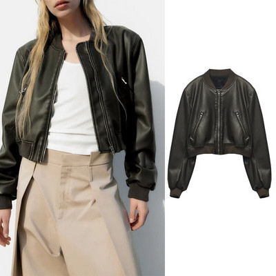 TRAF ZR haină de blană artificială pentru femei cu fermoar Jachete de piele din piele perfectă Nou în îmbrăcăminte exterioară Aviator Woman Y2K High Street cu mânecă lungă