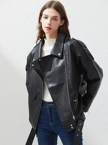 Fitaylor PU ψεύτικο δερμάτινο μπουφάν Γυναικείο Χαλαρό φύλλο Casual Biker Jackets Outwear Γυναικεία μπλουζάκια Μαύρο δερμάτινο παλτό σε στυλ BF