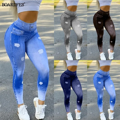 Jambiere din denim artificial pentru femei, blugi cu talie înaltă, pantaloni subțiri, elastici, fără sudură, pantaloni sport skinny, pantaloni pentru alergare, pentru antrenament