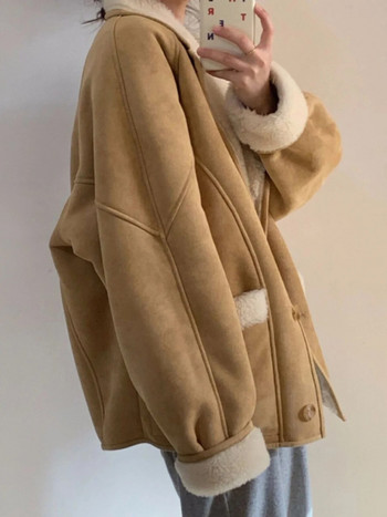 Есен Зима Топли нови в палта Дамски стилни якета Интегрирани кожени якета за мотоциклети Удебелена агнешка вълна Ватирано късо палто