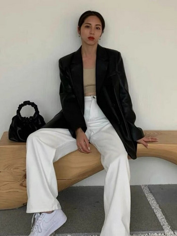 Κορεάτικο μαύρο δερμάτινο Moto Jacket Vintage Ζεστό γυναικείο φαρδύ δερμάτινο κοστούμι Blazers Streetwear Γυναικεία μόδα Τάση Λεπτά Ποδηλατικά Παλτό