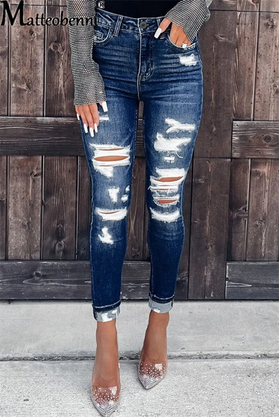Moteriškos, plonos, sulaužytos skylutės džinsai, siauri gatvės drabužiai, vintažinis aukštu juosmeniu aptemptos pieštukų kelnės Moteriškos paprastos rudens kelnės