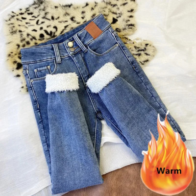 Itin šilti kašmyro žieminiai džinsai, moteriški korėjietiškos mados plius aksominės siauros džinsinės kelnės aukštu juosmeniu, kasdieniai stori, tamprūs „vaqueros“