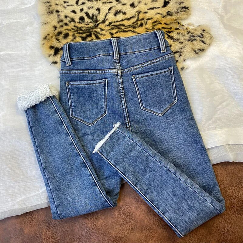 Itin šilti kašmyro žieminiai džinsai, moteriški korėjietiškos mados plius aksominės siauros džinsinės kelnės aukštu juosmeniu, kasdieniai stori, tamprūs „vaqueros“