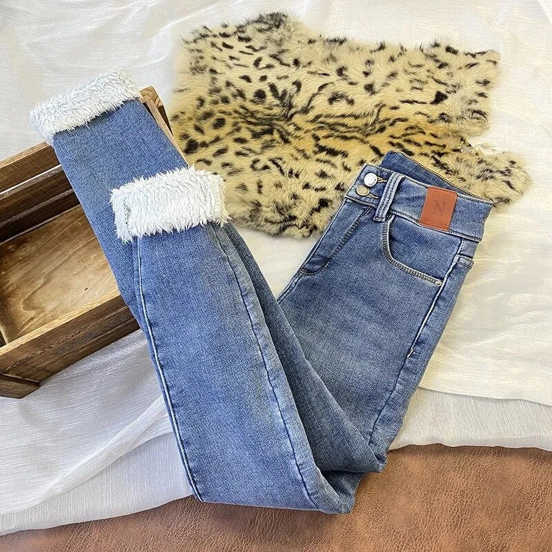 Itin šilti kašmyro žieminiai džinsai, moteriški korėjietiškos mados plius aksominės siauros džinsinės kelnės aukštu juosmeniu, kasdieniai stori, tamprūs „vaqueros“