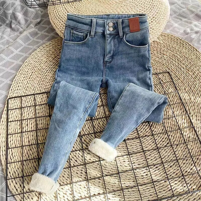 Itin šilti kašmyro žieminiai džinsai, moteriški korėjietiškos mados plius aksominės siauros džinsinės kelnės aukštu juosmeniu, kasdieniai stori, tamprūs „vaqueros“