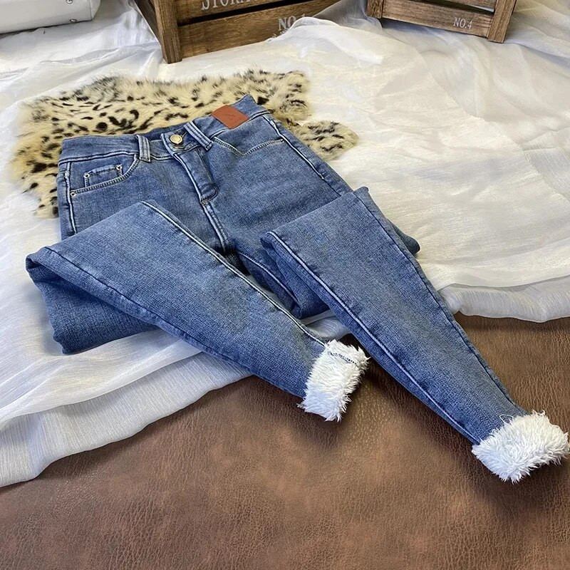 Itin šilti kašmyro žieminiai džinsai, moteriški korėjietiškos mados plius aksominės siauros džinsinės kelnės aukštu juosmeniu, kasdieniai stori, tamprūs „vaqueros“