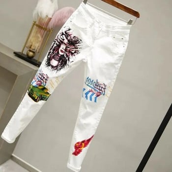 Γυναικείο λευκό τζιν παντελόνι Cartoon Graffiti Flowers Print Stretched Jeans Vintage Slim Body Capris Jeans Fashion τζιν για πάρτι