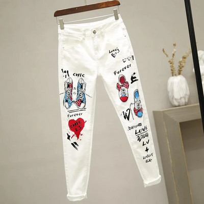 Γυναικείο λευκό τζιν παντελόνι Cartoon Graffiti Flowers Print Stretched Jeans Vintage Slim Body Capris Jeans Fashion τζιν για πάρτι