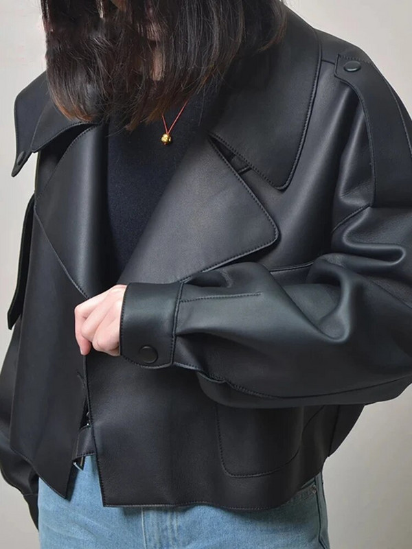 Aelegantmis juoda trumpa laisva Pu odinė striukė rudens žiemos minkšta dirbtinės odos striukė Gatvės laisvalaikio apatiniai drabužiai Moteriška dviratininko striukė